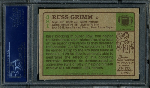 1984 Topps #381 Russ Grimm PSA 10 #20788082 - Back