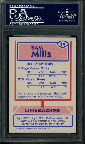 1985 Topps USFL #019 Sam Mills PSA 10 #24132827 - Back