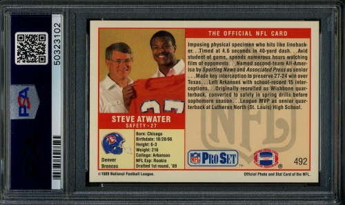 1989 Pro Set #492 Steve Atwater PSA 10 #50323102 - Back