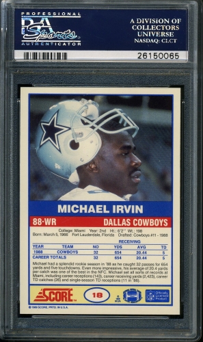 1989 Score #018 Michael Irvin PSA 10 #26150065 - Back