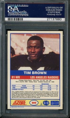 1989 Score #086 Tim Brown PSA 10 #27137880 - Back