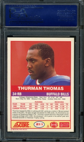 1989 Score #211 Thurman Thomas PSA 10 #81841130 - Back