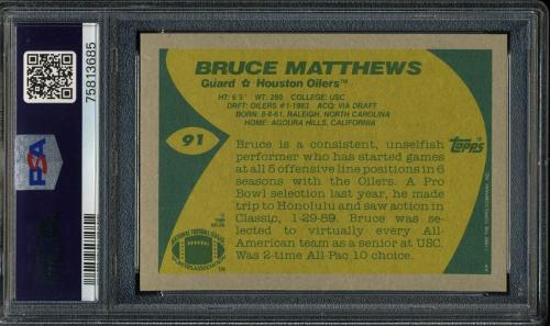 1989 Topps #091 Bruce Matthews PSA 10 #75813685 - Back