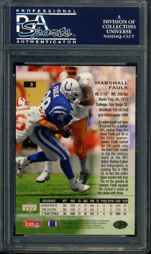 1994 SP #003 Marshall Faulk PSA 10 #24948634 - Back