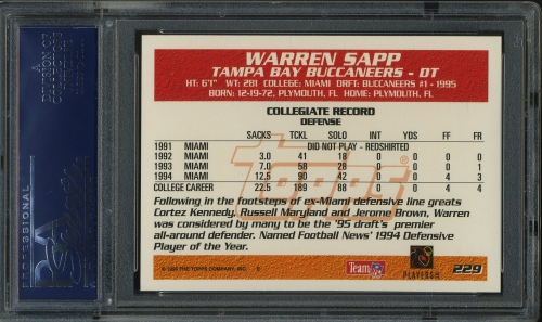 1995 Topps #229 Warren Sapp PSA 10 #21536744 - Back