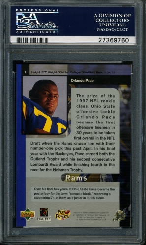 1997 SP Authentic #001 Orlando Pace PSA 10 #27369760 - Back
