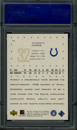 1999 SP Authentic #094 Edgerrin James PSA 10 #02316210 - Back