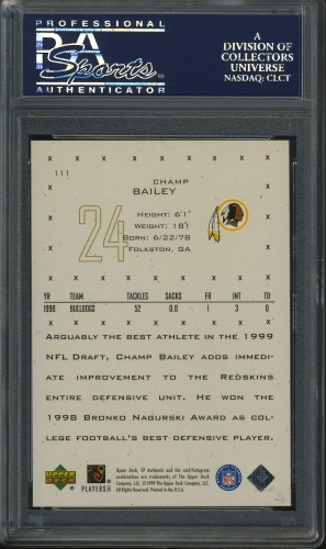 1999 SP Authentic #111 Champ Bailey PSA 10 #24678780 - Back