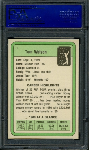 1981 Donruss #001 Tom Watson PSA 10 #11761617 - Back