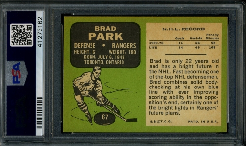 1970 Topps #067 Brad Park PSA 9 #41273162 - Back