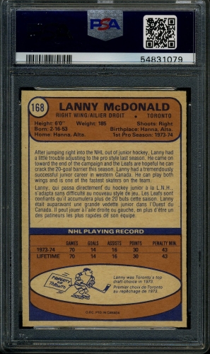 1974 O-Pee-Chee #168 Lanny McDonald PSA 9 #54831079 - Back