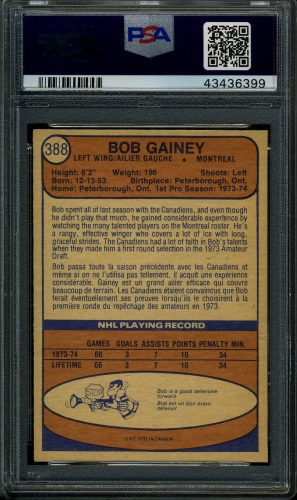 1974 O-Pee-Chee #388 Bob Gainey PSA 10 #43436399 - Back