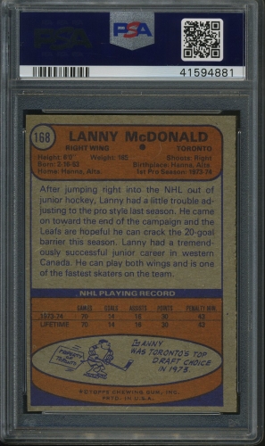 1974 Topps #168 Lanny McDonald PSA 9 #41594881 - Back