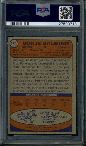 1974 Topps #180 Borje Salming PSA 9 #27590718 - Back