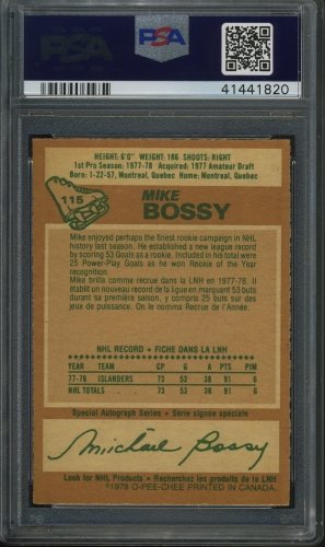 1978 O-Pee-Chee #115 Mike Bossy PSA 9 #41441820 - Back