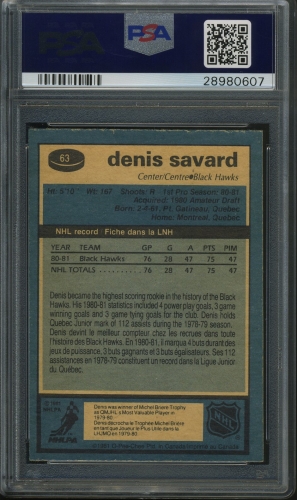 1981 O-Pee-Chee #063 Denis Savard PSA 10 #28980607 - Back