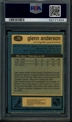 1981 O-Pee-Chee #108 Glenn Anderson PSA 10 #42171454 - Back