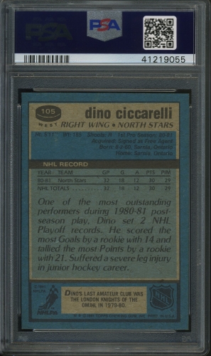1981 Topps #105 Dino Ciccarelli PSA 10 #41219055 - Back