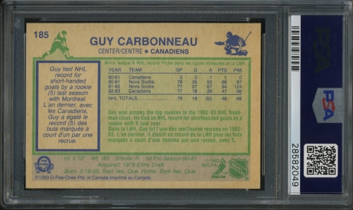 1983 O-Pee-Chee #185 Guy Carbonneau PSA 10 #28582049 - Back