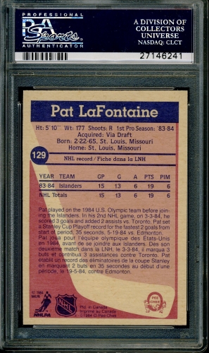 1984 O-Pee-Chee #129 Pat Lafontaine PSA 10 #27146241 - Back