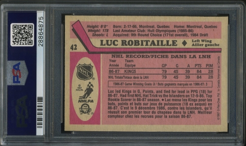 1987 O-Pee-Chee #042 Luc Robitaille PSA 10 #28864875 - Back