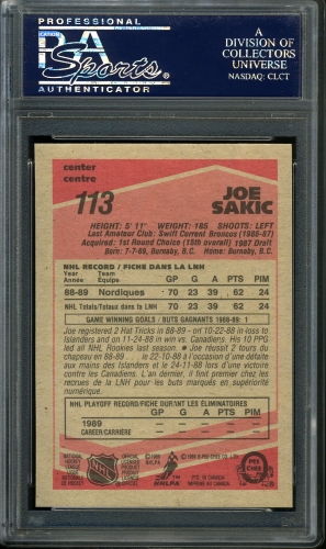 1989 O-Pee-Chee #113 Joe Sakic PSA 10 #23674100 - Back