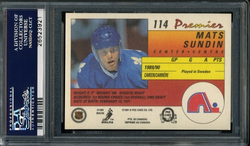 1990 O-Pee-Chee Premier #114 Mats Sundin PSA 10 #26523921 - Back