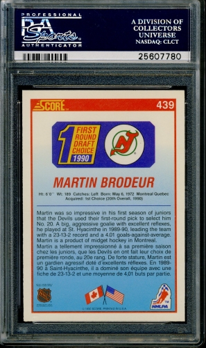 1990 Score Canadian #439 Martin Brodeur PSA 10 #25607780 - Back