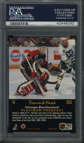 1991 Pro Set Platinum #252 Dominik Hasek PSA 10 #42448040 - Back