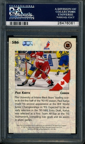 1992 Upper Deck #586 Paul Kariya PSA 10 #26476061 - Back