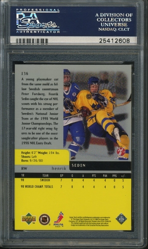 1997 Upper Deck Black Diamond #136 Henrik Sedin PSA 10 #25412608 - Back