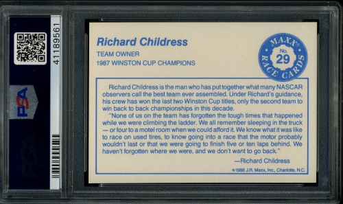 1988 Maxx Charlotte #029 Richard Childress PSA 10 #41189561 - Back