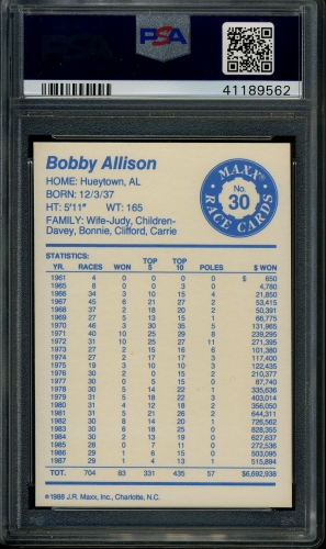1988 Maxx Charlotte #030 Bobby Allison PSA 10 #41189562 - Back