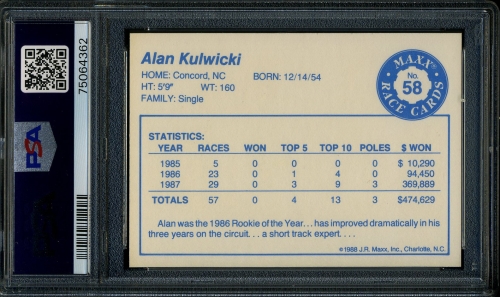 1988 Maxx Charlotte #058 Alan Kulwicki PSA 10 #75064362 - Back