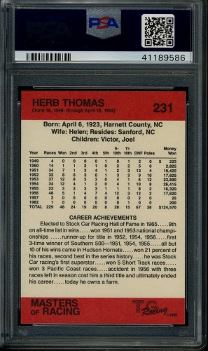 1989-90 TG Racing Masters of Racing #231 Herb Thomas PSA 10 #41189586 - Back