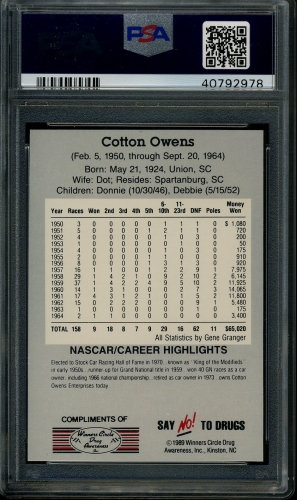1989 Winners Circle #015 Cotton Owens PSA 9 #40792978 - Back