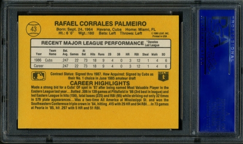 1987 Donruss #043 Rafael Palmeiro PSA 10 #11890031 - Back