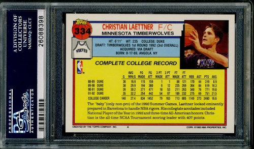 1992 Topps #334 Christian Laettner PSA 10 #26088398 - Back