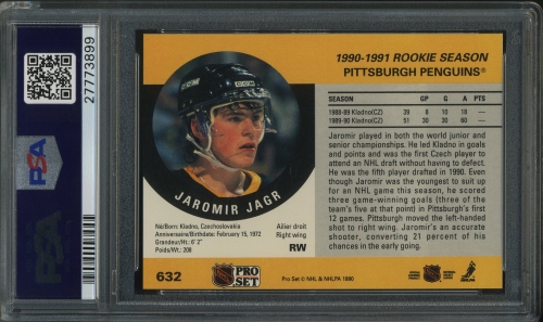 1990 Pro Set ERR Stats header line missaligned #632 Jaromir Jagr PSA 10 #27773899 - Back