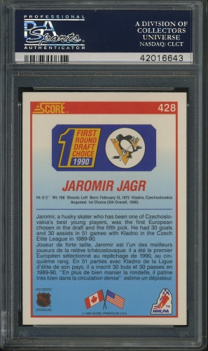 1990 Score Canadian #428 Jaromir Jagr PSA 10 #42016643 - Back